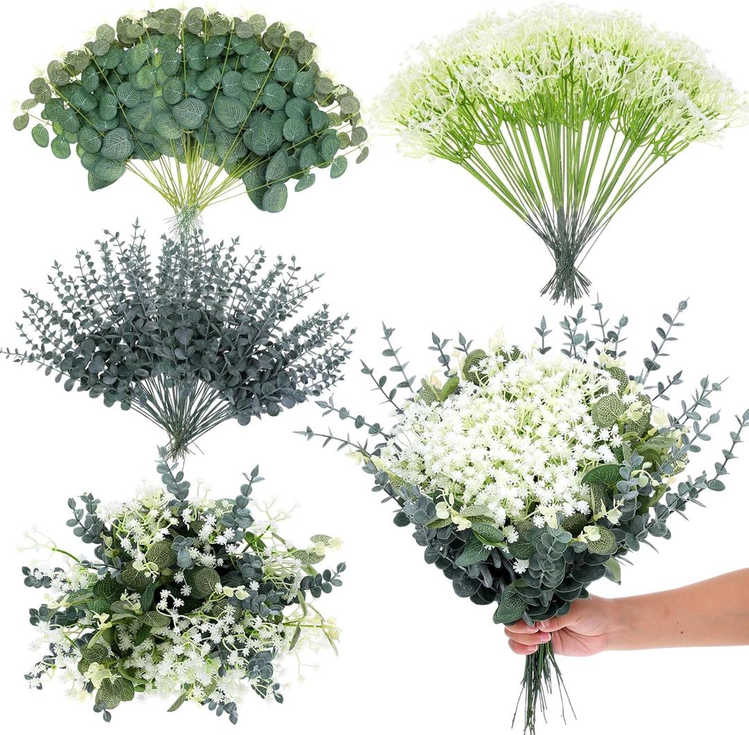 Eucalyptus Leaves Stems 120pcs 3 Kinds Mixed Artificial Greenery Stems Baby Breath Flowers Artificial Bulk Greenery Stem Floral Decor for Wedding Decor Vase Floral Arrangement Centerpiece DIY Bouquet