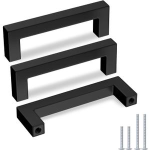 Goldenwarm 2 Pack 4 Inch Matte Black Cabinet Handles Kitchen Furniture Hardware Square Stainless Steel Hardware Bathroom Cabinet Door Pulls (4in Hole Centers)