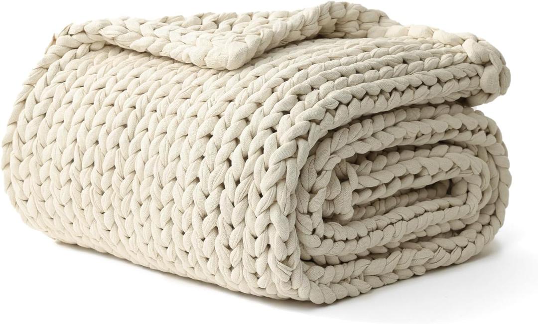 YnM Cotton Weighted Blanket, Handmade Chunky Knitted Design, Soft and Cozy, Temperature Regulating and Breathable, Machine Washable Throw for Sleep or Home Decor (Cream White, 80x84 Inch, 35lbs)