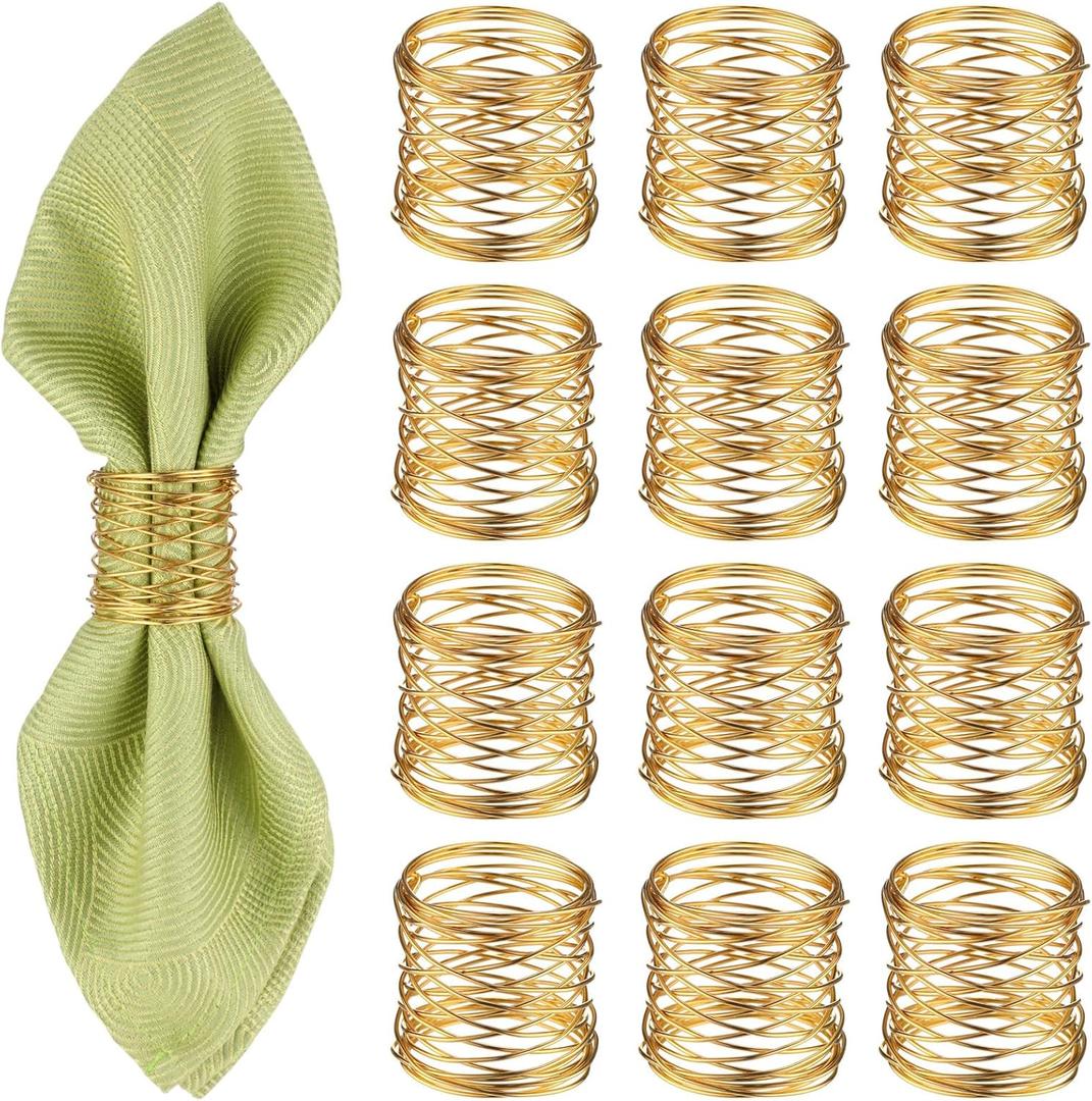 12 Pieces Napkin Rings Holders Handmade Round Mesh Heavy Duty Metal Napkin Rings Holder for Dinner Decoration Dining Table Parties Wedding Christmas(Gold)