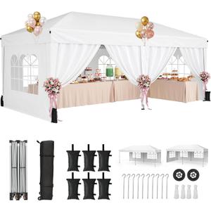 10x20 Pop Up Canopy Tent with 6 Sidewalls, One-Push Center Lock, White
