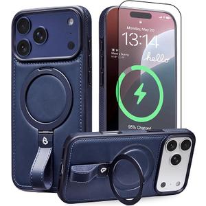 BUTAIGA for iPhone 17 Pro Max Leather Case with Stand, AntiSlip Grip Ring, Fits for MagSafe (Blue, IP17 Pro Max6.9inch)