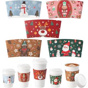 FMP Brands 50 Pack Christmas Paper Coffee Cup Sleeves, Disposable Holiday Coffee Sleeves fit 12oz, 16oz, 20oz, 24oz Disposable Coffee Cups, Hand Protection for Hot and Cold Drinks