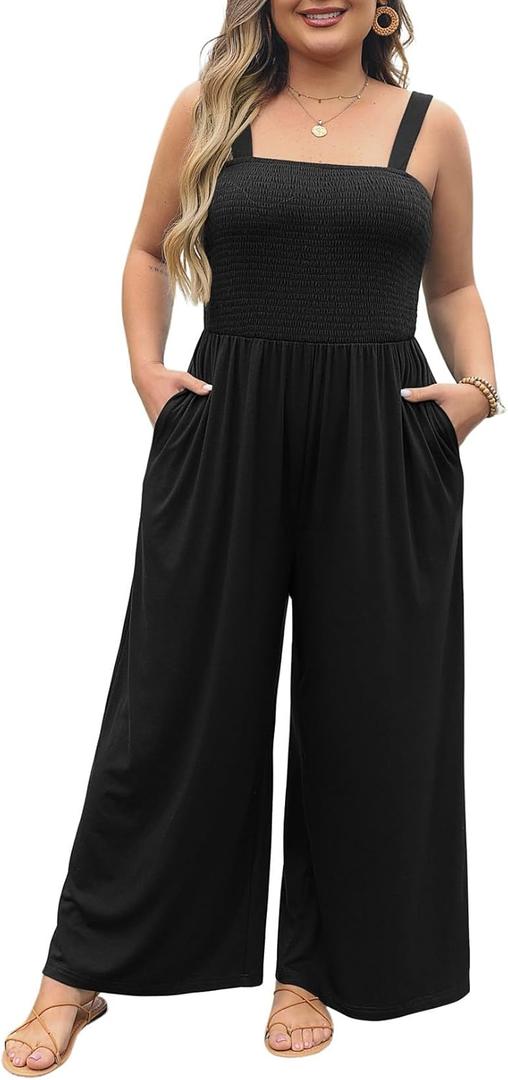 Eytino Plus Size Jumpsuit for Women Spaghetti Strap Sleeveless Overalls Stretchy Wide Leg Pants Long Rompers with Pockets (5X, Black)