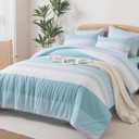 Andency Full Size Comforter Set Light Blue - 7 Pieces Striped Lightweight Bed in a Bag, Soft Microfiber Reversible Bedding Set with Comforter, Fitted & Flat Sheet, Pillowcases & Shams