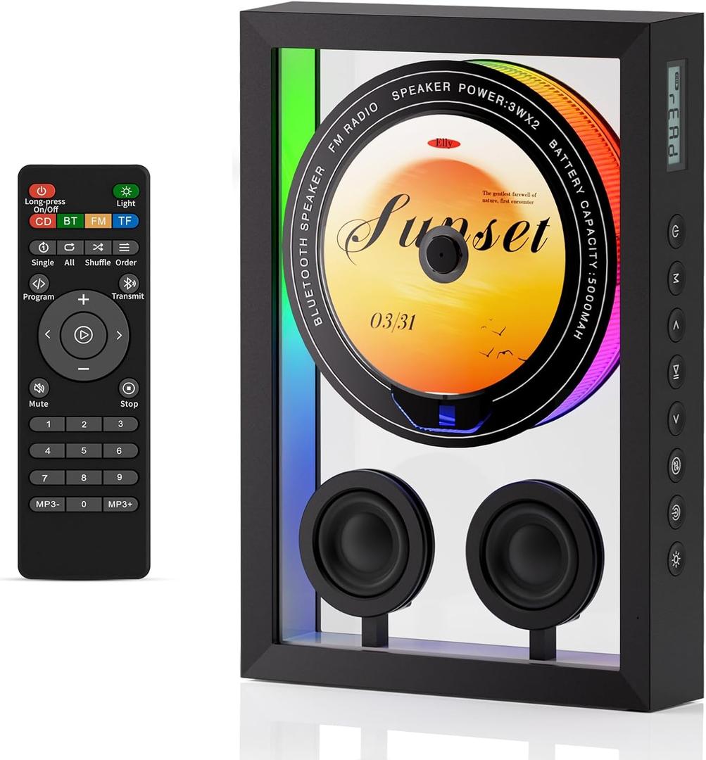 Vertical CD Player with Bluetooth 5.3,HiFi Speakers CD Player for Wall Home with FM Redio/Remote Control/RGB Light/TF Card/AUX Supported,5000mAH Battery Rechargeable Music Player
