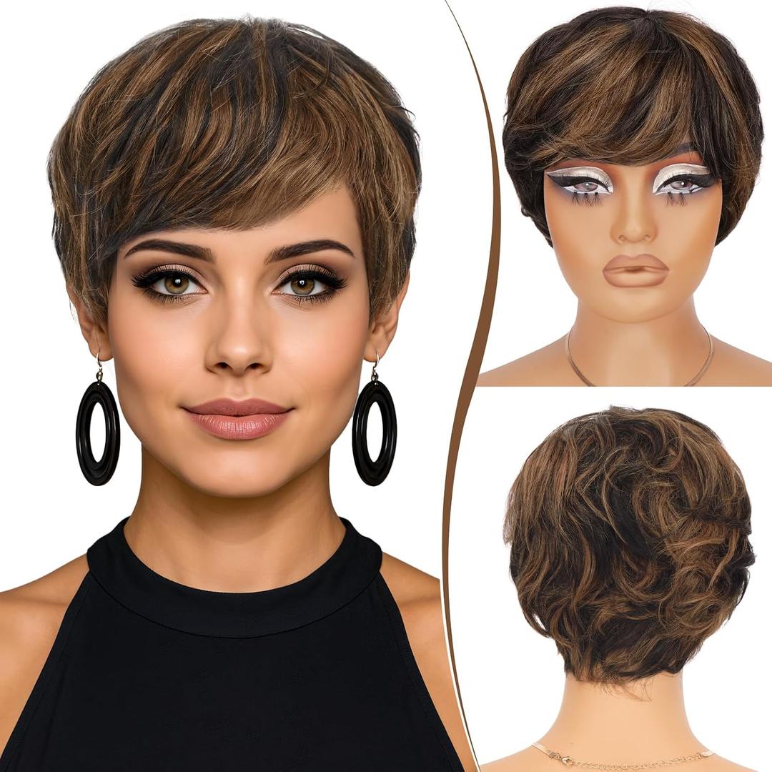 RUWISS Pixie Cut Human Hair Wig Short Wigs for Black Women with Bangs, Natural Layered Wavy Wig, Glueless, 1B/30#