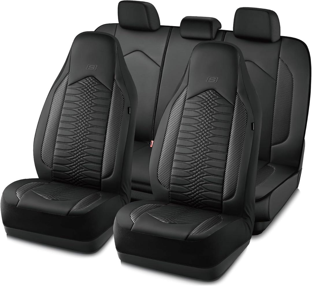 Skechers Memory Foam Car Seat Covers, Leather High Back Seat Covers Quilting Design, Waterproof Sports Car Seat Covers Full Sets, Airbag Compatible, Universal Fit for Most Cars, SUVs, Trucks, Black