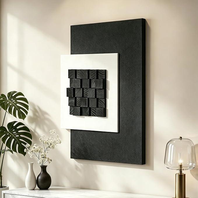 AMAATE 3D Textured Black Wood Geometric Relief Sandstone Framed Wall Art | 3D Tactile Black Wood Block Relief Sandstone Wall Art, Monochrome Framed Decor, Minimalist Design for Living Room Bedroom, 24 x 36 Inch 1 Pack