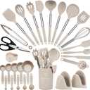 Kitchen Utensils Set, Heat-Resistant Non-Stick Silicone Cooking Utensils Set with Stainless Steel Handle, Dishwasher Washable Kitchen Spatula Tools for Cooking and Serving, 28 Pcs (Khaki)