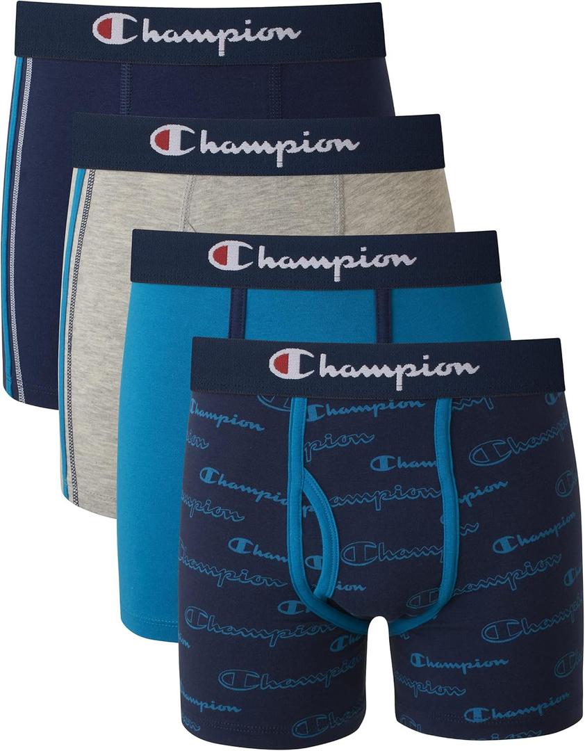 Champion Boys' Underwear, Cotton Stretch Boxer Briefs, Moisture-Wicking, Assorted 4-Pack (Medium, Navy/Teal/Grey)
