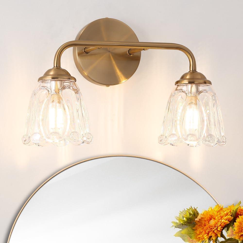 Daunton Vintage Brass Vanity Light, 2-Light Bathroom Lighting Fixtures Over Mirror, Elegant Vanity Lighting for Bathroom with Clear Glass Shade, Gold Wall Sconce Lighting for Bedroom, Living Room