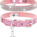 PUPTECK Basic Adjustable Cat Collar with Bling Diamond and Double Bells, for Kitten and Small Puppy, Fashion and Shining Dog Rhinestone Collars, 8-10 in, Pink