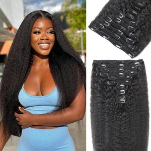 Kinky Straight Clip ins Real Human Hair Extensions 10pcs 14 Inch Natural Black Color Clip In Hair Extensions For Black Women(14 Inch)