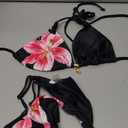 GORGLITTER Women's Floral Thong Bikini Set Triangle Halter Brazilian 2 Piece Swimsuit Cute Boho Summer Vacation Bathing Suit (Medium, Black and Pink)