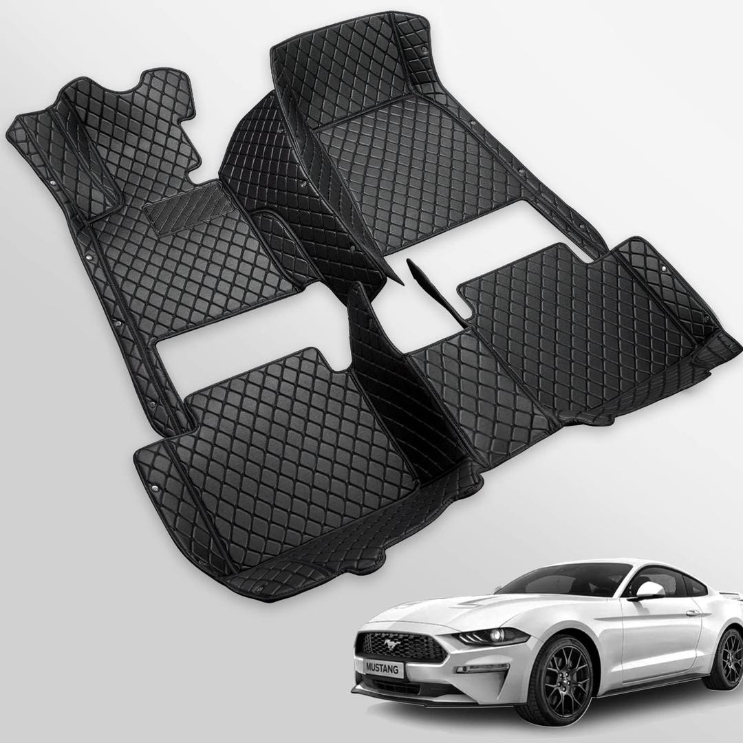 Castlerock Leather Car Floor Mats for Ford Mustang 2011 2012 2013 2014 All Surround Floor Liner Custom Fit Mustang Automotive Passenger Car Mat Protection Carpet (Full Set-Black Seam)