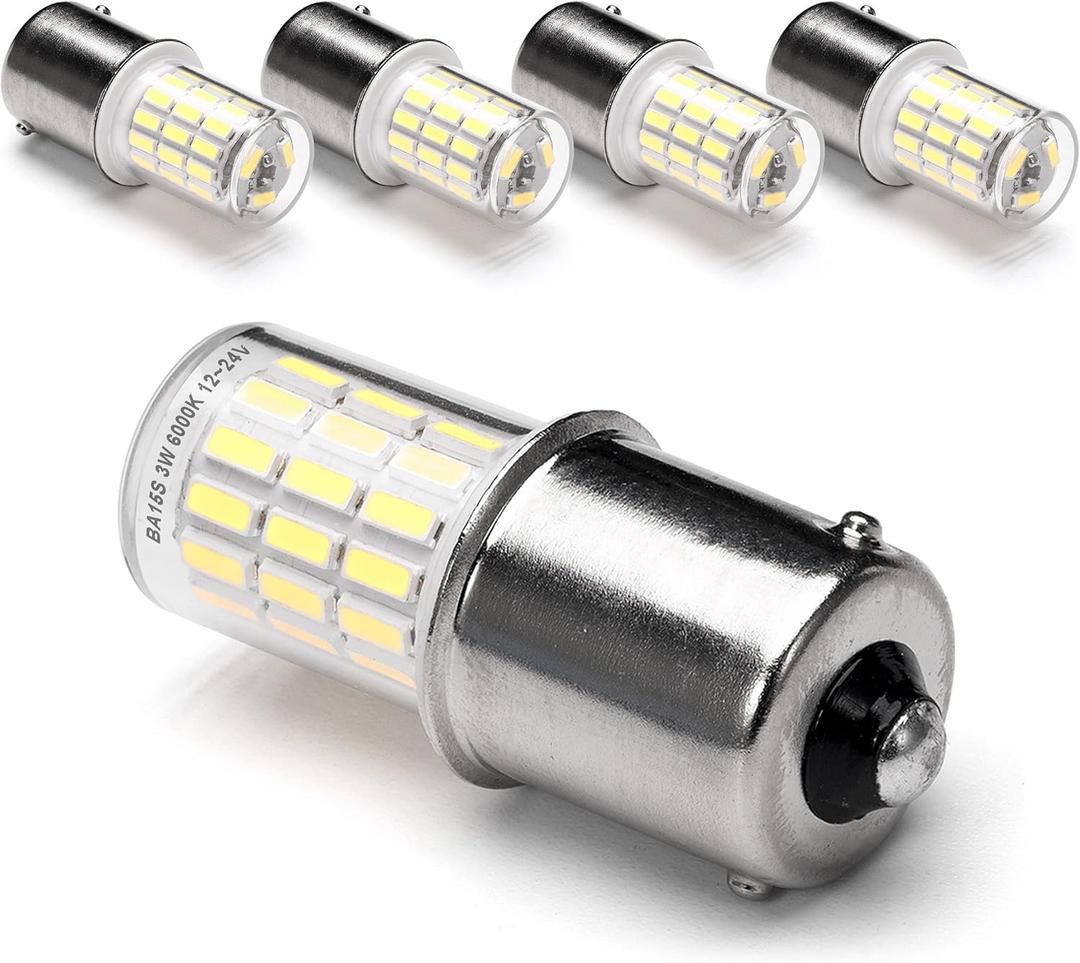 12 Volt BA15S Led Bulbs,1156 1141 P21W 6000k Daylight White,DC Bayonet Single Contact Base,AC10-24V DC10-30volt Low Voltage BA15S Bulb for Landscape RV Camper Interior Marine Boat Trailer Lights,5Pack