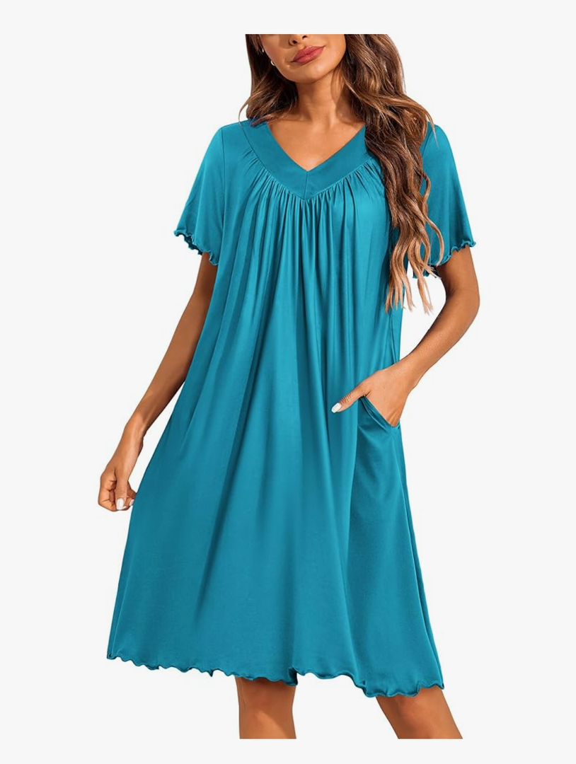 Ekouaer Women's House Dress with Pockets Moo Moo Nightgown V Neck Sleepwear Pleated Floral Print Mumu Dress M