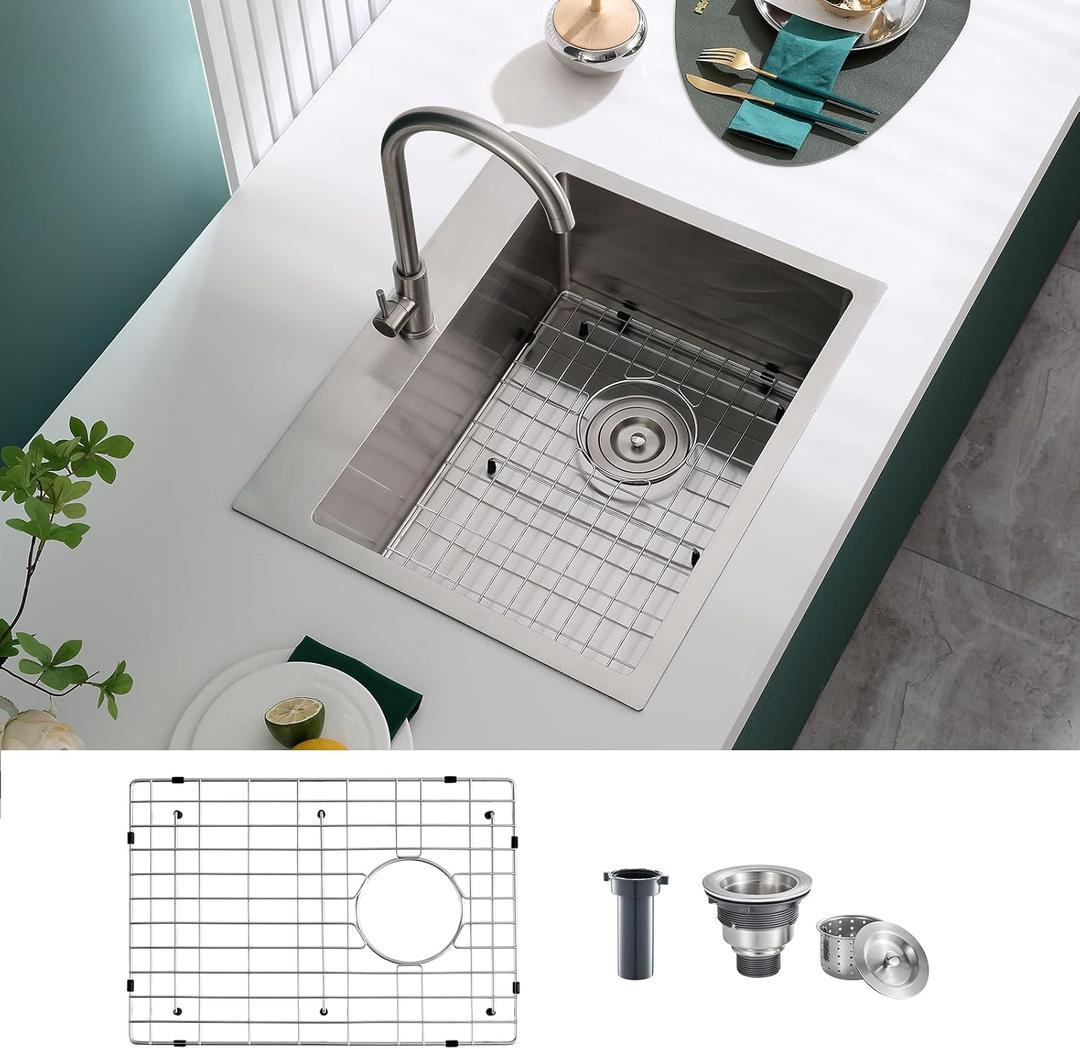 22 inch Drop-in Kitchen Sink Single Bowl, Small Topmount Kitchen Sink with Protective Bottom Grid, Overmount 304 Stainless Steel Kitchen Bar Sink Handmade with Basket Strainer, 22189 inch