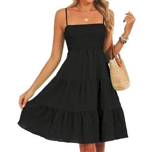 RANPHEE Womens Casual Summer Spaghetti Strap Smocked A Line Beach Vacation Sun Dress Above The Knee, L