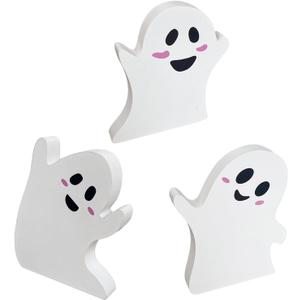 2 x Cute Ghost Halloween Decorations Indoor, Wooden Tiered Tray Decor Table Sign, Halloween Decor Wooden Ghost Sign for Party Home Shelf Display, 3 Pcs, Black White