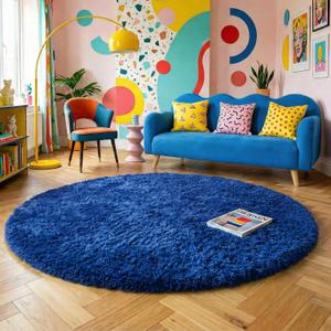 Navy Blue Round Rug 6Ft for Boys Bedroom, Large Fluffy Fuzzy Circle Area Rugs for Kids Playroom, Living Room Decor Aesthetic, Cute Shaggy Plush Floor Royal Dark Blue Carpet for Dorm Teen Baby Nursery