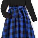 PATPAT Family Matching Outfits Mommy and Me Dresses Matching Set Long Sleeve Plaid Midi Dress and Casual Button Down Shirts (XL)