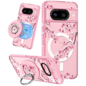 Lotadilo Cute for Google Pixel 8A Case - Compatible with Magsafe Magnetic Ring Holder Stand Kickstand for Women Girls Girly Funny Fashion Pretty TPU Phone Covers Peach Blossom Design