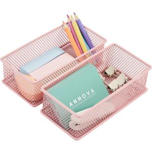 Annova Mesh Stackable Drawer Cabinet and Shelf Organizer Bins Storage Basket School Office Supply Holder Tray- Set of 2 (Light Pink, 3x6x2 Inch)