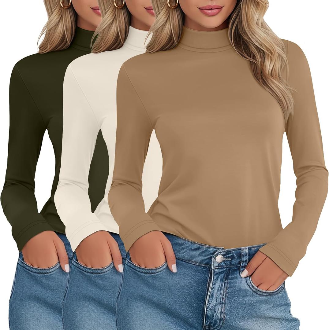 3 Pack Women's Cotton Turtleneck Tops Long Sleeve Shirts Stretch Undershirt Casual Basic Fall Winter Clothes (Large, Khaki, Cream, Army Green)