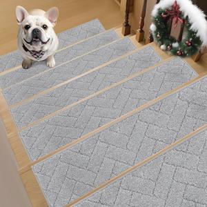 Non-Slip Stair Treads for Wooden Steps Indoor, 15 Pack 9" X 28" Edging Stair Runner with TPE Backing, 0.4" Thick Stair Rugs for Kids Elders & Pets, 100% Polyester Soft Carpet Stair Mats, Light Grey