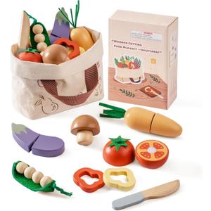 ROBOTIME Wooden Play Food Cutting Vegetable Set, Pretend Play Toy Food for Play Kitchen with Shopping Bag  Kids Kitchen Accessories, Wooden Veggie Toys for Boys & Girls