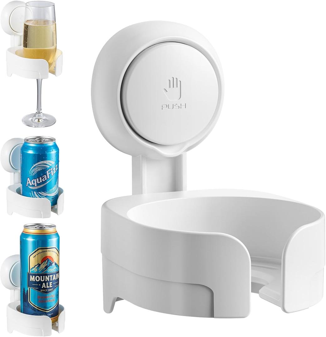 TAILI Suction Cup  Glass Holder for Shower, Removable Wall-Mounted Bath Cup Holder for Beer, Drinks, Enjoy in The Spa, Bathroom, Kitchen, etc. White