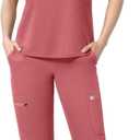 Scrubs Set for Women Medical Uniform Nurse Suit, Anti-Wrinkle Scrub Top Jogger Pant&11 Pockets, 4 Way Stretch Workwear (X-Small, Nude Pink)