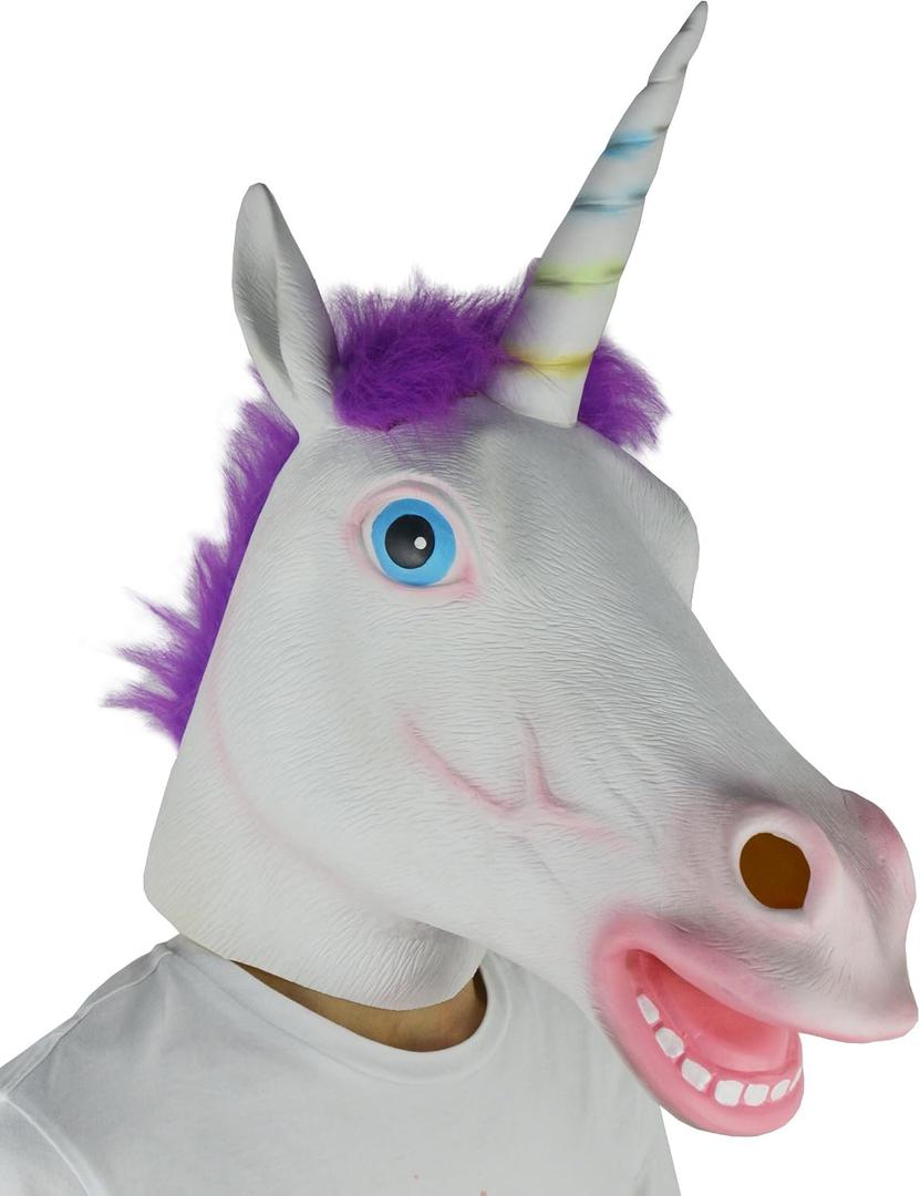 LarpGears Deluxe Novelty Halloween Costume Latex White Unicorn Animal Mask Purple Hair Adult Size