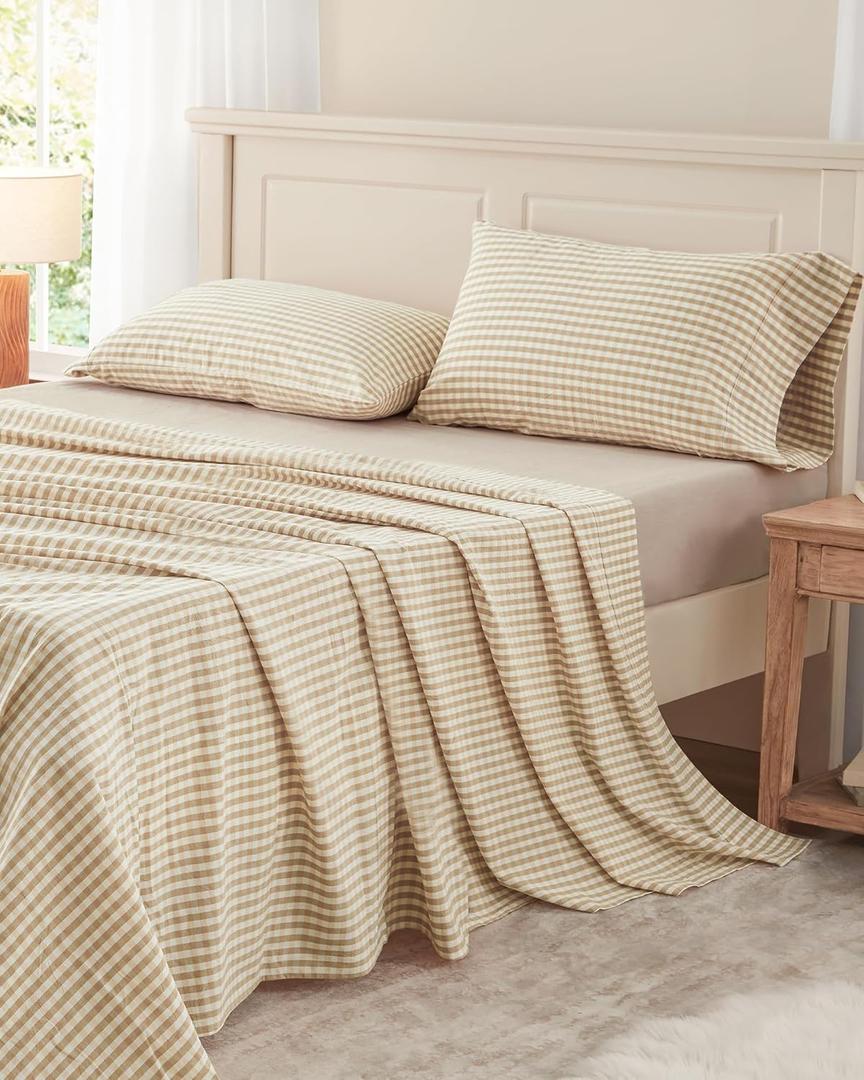 PURE ERA King Sheet Set 100% Washed Cotton Gingham Bed Sheets King Size, 4 Pieces Set Linen Like Textured Breathable Durable Soft Comfy - 15" Deep Pocket - Checked Beige