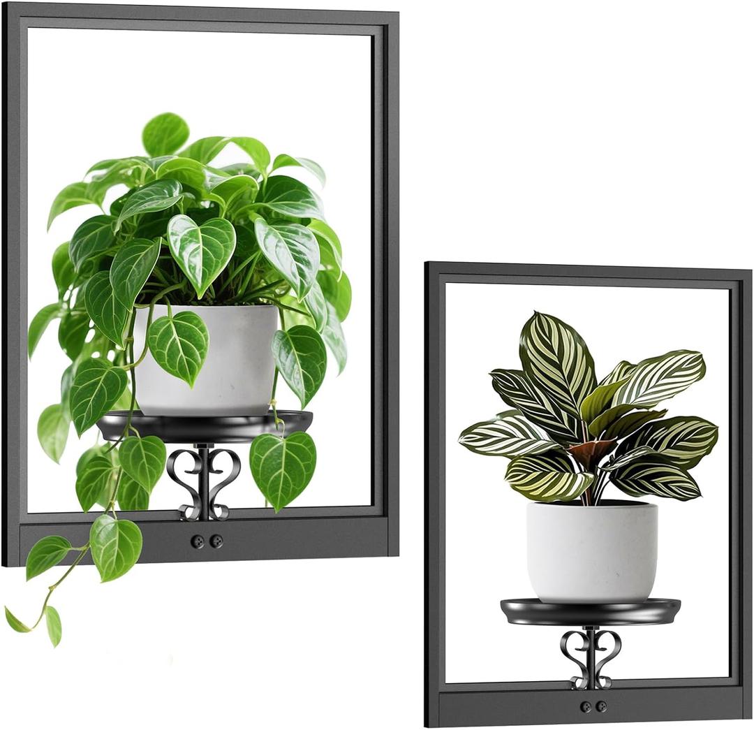 VEILS Wall Planters for Indoor Plants, 3D Floating Wall Mounted Shelf for Home Decor, Black Frame Plant Holder Stand, Modern Housewarming Gift Set for Living Room, Bedroom, Bathroom, Office, 2PCS