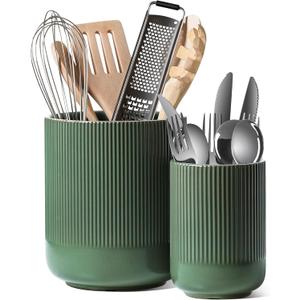 LE TAUCI Utensil Holder for Kitchen Counter, 7.3"+5.4" Fluted Ceramic Utensil Crock Organizer for Countertop, Heavy Large Holder for Spatulas, Spoons, Set of 2, Forest Green
