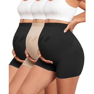 Maternity Shapewear Seamless Underwear Over Bump Pregnancy Shorts High Waist Panties Under Dress Belly Support (Large, 2*black+1*nude)