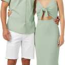 PATPAT Couples Matching Outfits Bodycon Dress & Button-Down Shirt | Matching Cruise Outfits for Couples, Beach Vacation Outfits, Tie Front Cutout Slit Bodycon Sundress, Linen Men's Shirt (Green, XL)