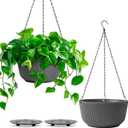 T4U 10 Inch Hanging Planters for Indoor Outdoor Plants, Hanging Plant Pot Pack of 2, Self Watering Hanging Pots with Drainage Hole & Plug & Chain with 3 Hooks for Garden Home Decor, Grey