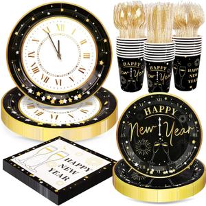 168pcs Happy New Year Party Supplies, Black and White Paper Plates Napkins Cups and Transparent Gold Cutlery for 24 Guests, 2026 New Year Disposable Tableware Supplies for Party Decorations