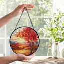 Fall Suncatchers Stained Glass Window Hanging, Rustic Farmhouse Autumn Landscape Sun Catchers Indoor Window Glass Round Wall Decor, Fall Wall Hanging Decorations, 7.9x7.9in