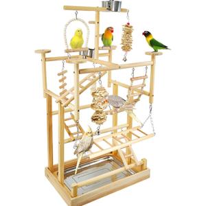 Bird Playground - Natural Wood Parrot Playstand with Perches, Bird Play Gym & Accessories, Removable Tray & 4 Stainless Steel Cups