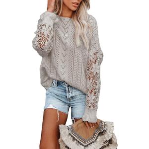Dokotoo Womens Crewneck Crochet Lace Long Sleeve Hollow Out Cable Knit Sweaters Pullover Tops (XS)