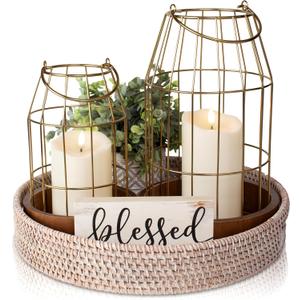 Rustic Farmhouse Lantern Decor Set of 2 - Stylish Decorative Lanterns for Your Living Room, Fireplace Mantle or Kitchen Dining Table - Modern Indoor/Outdoor Coffee Table Decor for Your Entire Home (Brass)