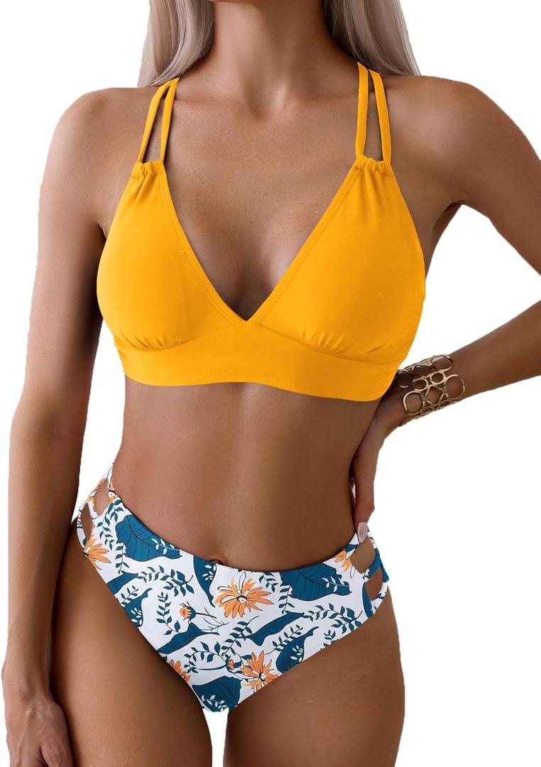 Fanuerg Women's Sexy V Neck Bikini Sets Hollow Out Two Piece Swimsuits Cutout Mid Waist Bathing Suit
Medium