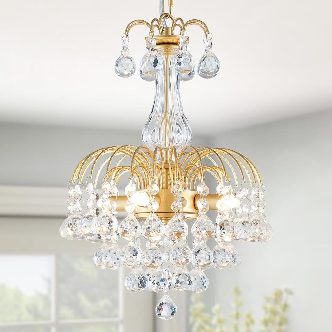 WUZUPS Crystal Chandelier Pendant Flushmount Ceiling Light Modern Lighting Fixture for Bedroom Hallway Bar Kitchen Bathroom, H 14.4" x W 11.8", Gold, E12 Base