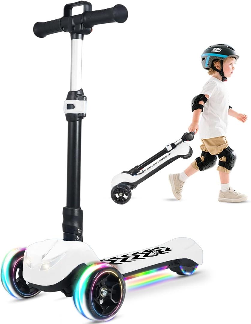 Electric Scooter for Kids Ages 3-12, Full Body Lights Up, Wide Deck, 3 Adjustable Heights, 5MPH Safe Speed, 90min Riding, Foldable 3 Wheel Electric Scooter for Kids Boys Girls (White)