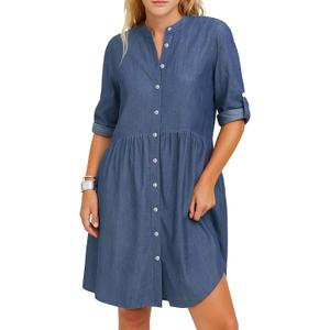 SUNNOW Women's Denim Button Front Mini Shirtdress Vintage Style Relaxed Fit Long Sleeve Dress